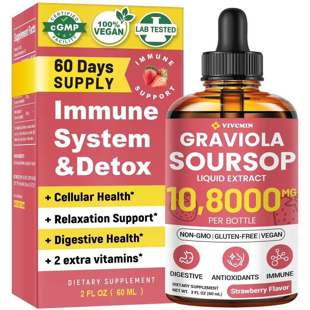 Graviola Soursop Leaf Extract lichid - Soursop Bitters lichid, Suport Immune, Relaxați-vă, Ficat și Somn, Zahăr & alcool-Free, Formula extrem de absorbabil, Aroma de căpșuni, 2 Fl Oz