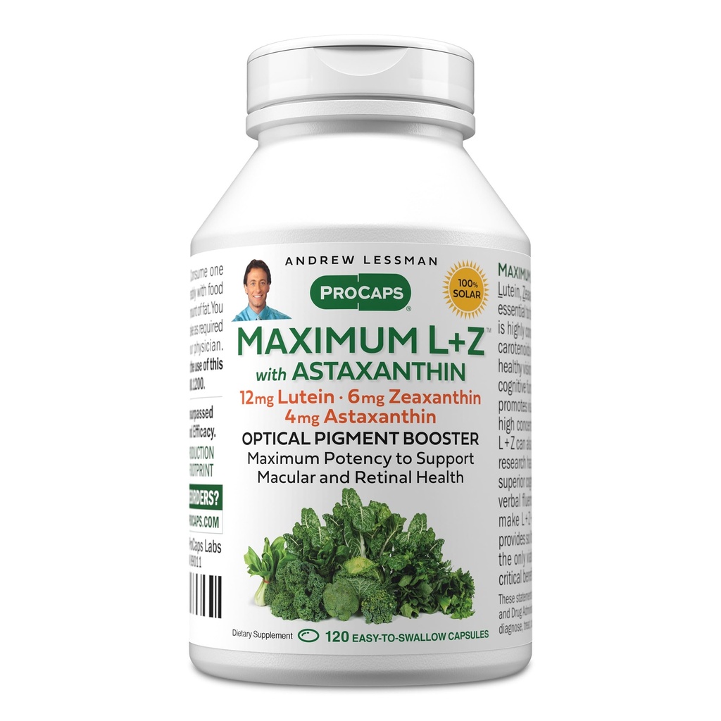 ANDREW LESSMAN Maximum L+Z with Astaxanthin 120 Softgels - 12mg Lutein, 6mg Zeaxantină, 4mg Astaxantină. Nutrienți cheie pentru a sprijini ochi și sănătatea creierului, și să promoveze viziune sănătoasă.