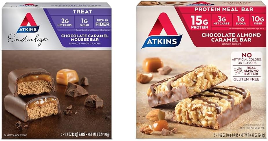 Atkins Endulge Chocolate Caramel Mousse Bar, Desert Favorite, 1g Zahăr, High in Fiber, 5 Conte & Chocolate Almond Caramel Bar, Keto-Friendly, Gluten Free with Real Almond Butter, 5 Count (Pachet de 1)