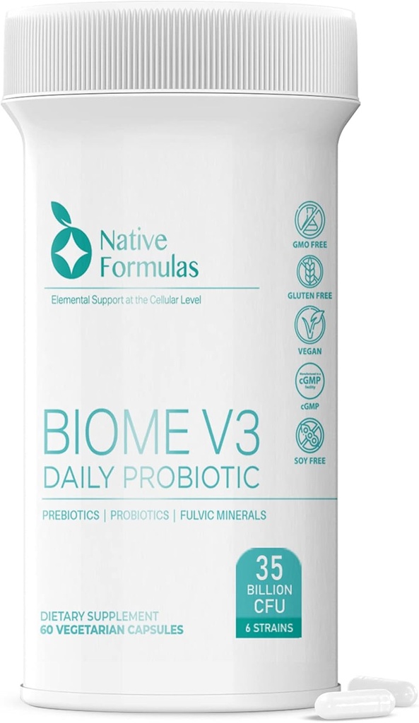 Formulari native Biome V3 Probiotic, Prebiotic, & Minerals Suplimente - 35 Miliarde CFU - 6 Tulpini - 60 Capsule Vegane - Femei si barbati - FODMAP Prietenos - Suportă Digestive, Imun & Gut Health