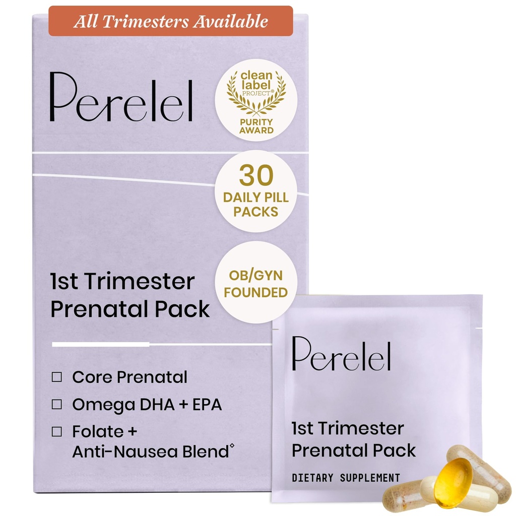 Perelel 1 Trimester Prenatal Pack, Multivitamine cu Folat, Vitamina D, Omega 3, Fier & Ginger, Suport nutritional pentru sarcina precoce, Soy & Gluten Free, Non-GOM, 30 Daily Pill Packs