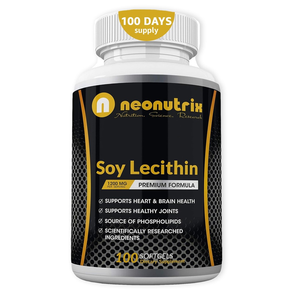 Soy Lecithin Capsules 1200mg (One a Day, 100 Softgels) Supplement Immune Supplement Rich in Phospolipids Supports Metabolism, Brain & Heart Health & Cell Functions Made in the USA Non-GMO by Neonutrix
