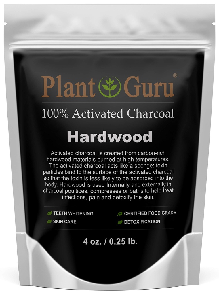 Plant Guru activat Charcoal Powder 4 oz. HARDWOOD - Food Grade Kosher Non-GMO - Albirea dinților, Măști faciale și Sapun Making. Promovează detoxifierea naturală și ajută la digestia