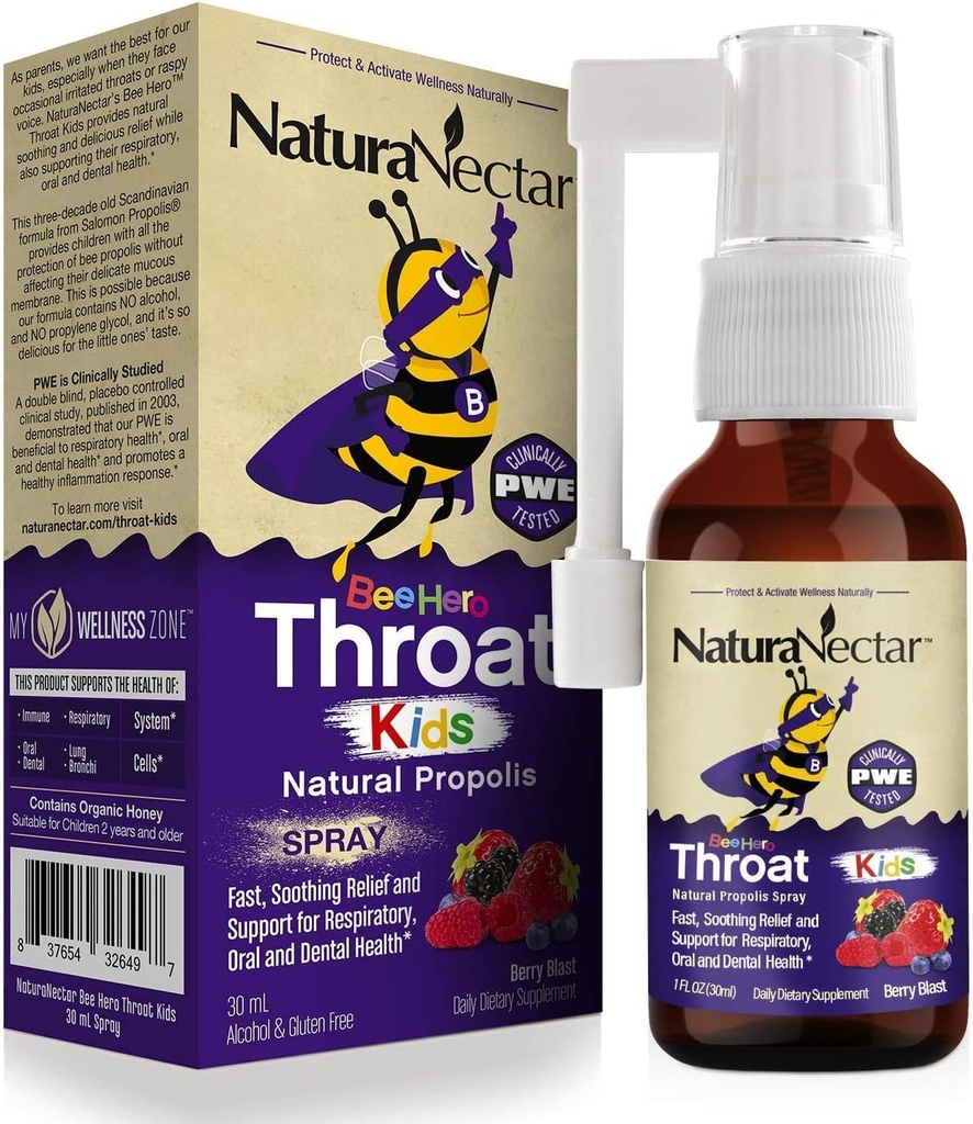 NaturaNectar - BeeHero Brazilian Bee Propolis Spray gât - relief gât pentru copii - pentru confort și protecție - Flavor exclusiv Berry Blast (1 pachet, 1 Fl Oz)