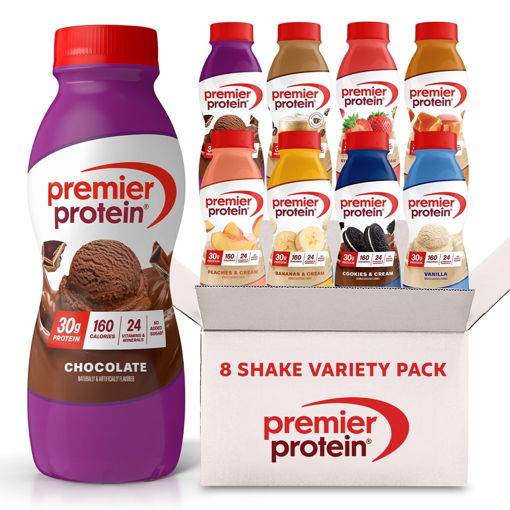 Premier Proteine Shakes, 8 Flavor Variety Pack, 30g Proteine, 1g Zahăr, 24 Vitamine & Minerale, Nutrients pentru a sprijini Immune Health 11.5 Fl Oz (8 ambalaj)