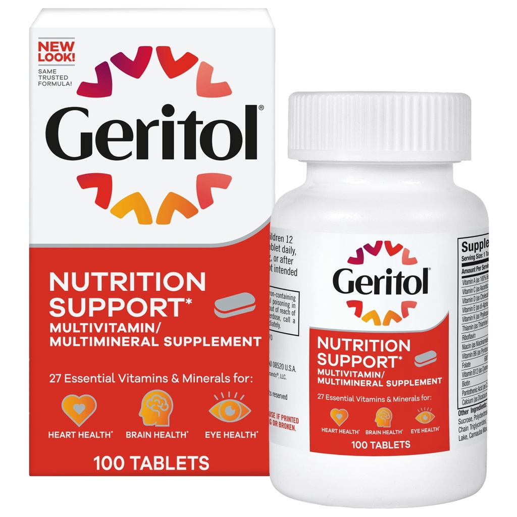 Geritol, Multivitamine Supliment, Conține B-Vitaminante, Antioxidanți, Vitamine C, E & D și Fier, 26 Vitamine și Minerale esențiale, Gluten-Free, Non-GMO, Fără îndulcitori artificiali, 100 comprimate