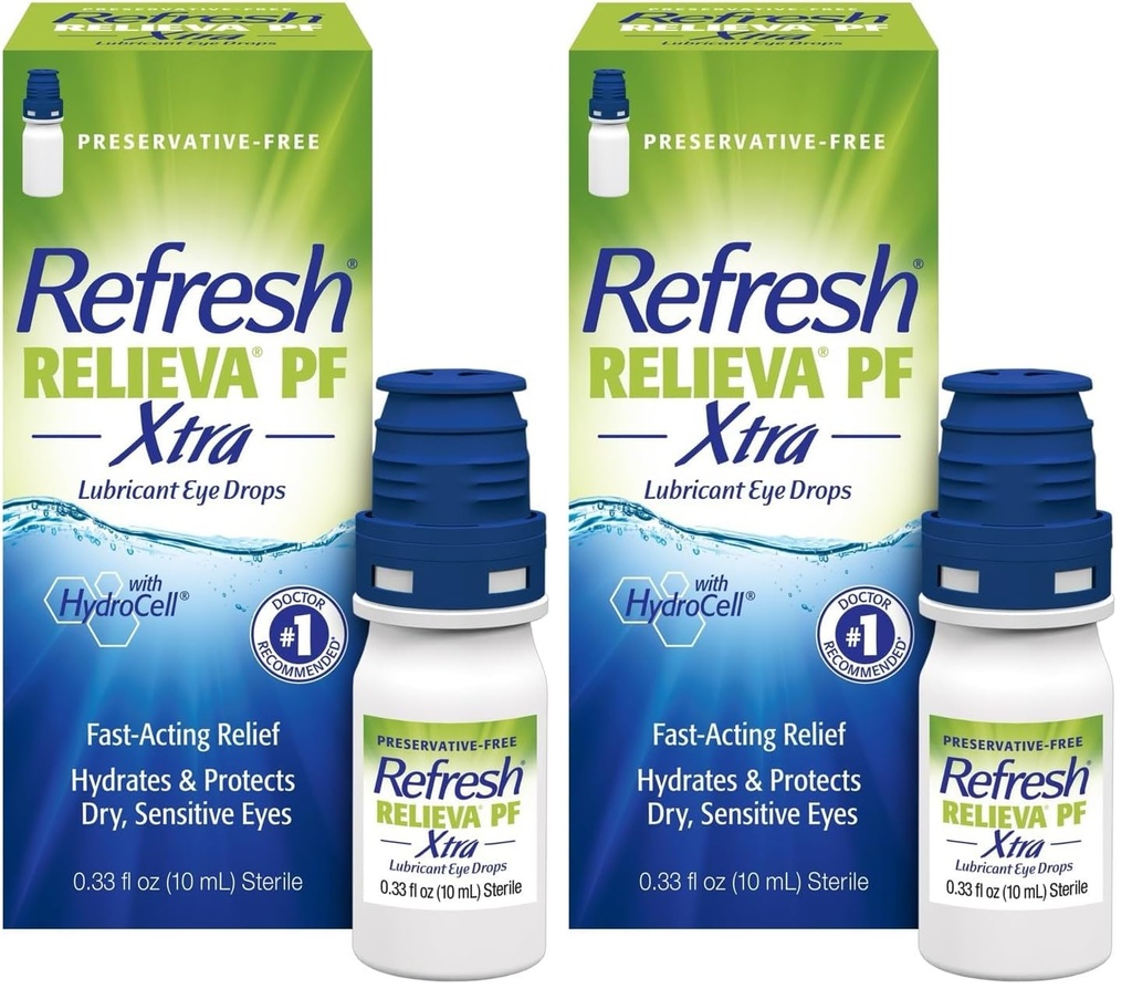 Reîmprospătare RELIEVA PF Xtra Lacrimi artificiale fără conservanţi Picături oculare lubrifiante, 2x0,33 fl oz (20 ml), 2 Conte