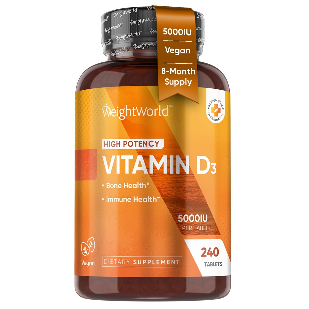 GreutateWorld Vegan Vitamina D3 5000 UI - Sursa de Wild Harvested Lichen - Vitamina D Supliment de la Biodisponibil Colecalciferol - 240 Vitamina D3 comprimate - Gluten-Free & Allergen-Free