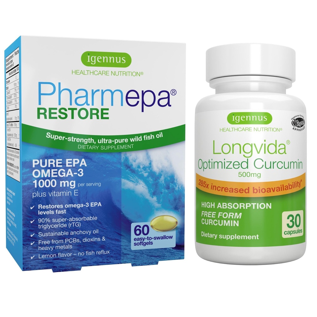 Pharmepa Restore & Longvida Hidralated Curcumin 500mg Bundle, 1000mg Pure EPA Omega-3 Fish Oil & Ultra Biodisponibil Curcumin, de Igennus