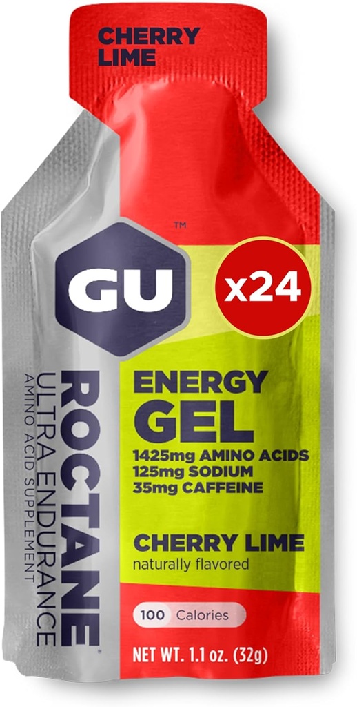 GU Energie octanică Ultra Endurance Energy Gel, Vegan, Gluten-Free, Kosher, și lactate-Free On-The-Go Sports Nutrition pentru rulare, ciclism, drumeții sau schi, 24-Count, Lime de cireșe