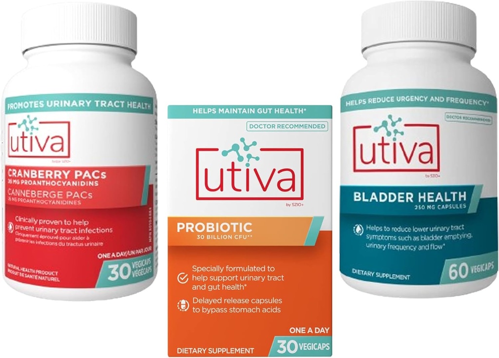 15% Bundle Utiva Cranberry PACs Supliment pentru tractul urinar Sănătate 30 Vegi Capsule + Utiva Probiotic pentru gută şi tract urinar Sănătate 30 Lansare întârziată Vegi Capsule + Utiva Bladder Health 60 Capsule