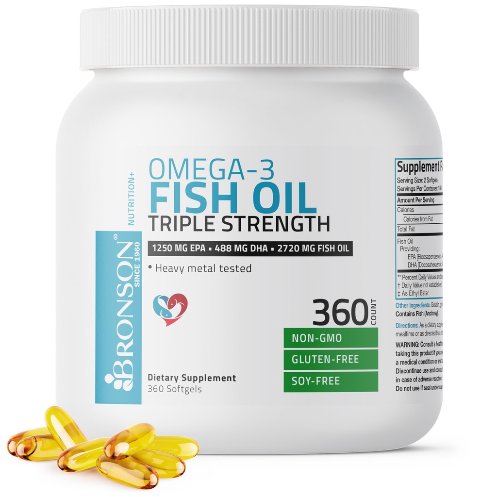 Bronson Omega 3 Fish Oil Triple Force 2720 mg, High EPA 1250 mg DHA 488 mg, Non-GMO Heavy Metal Testat, 360 Softgels