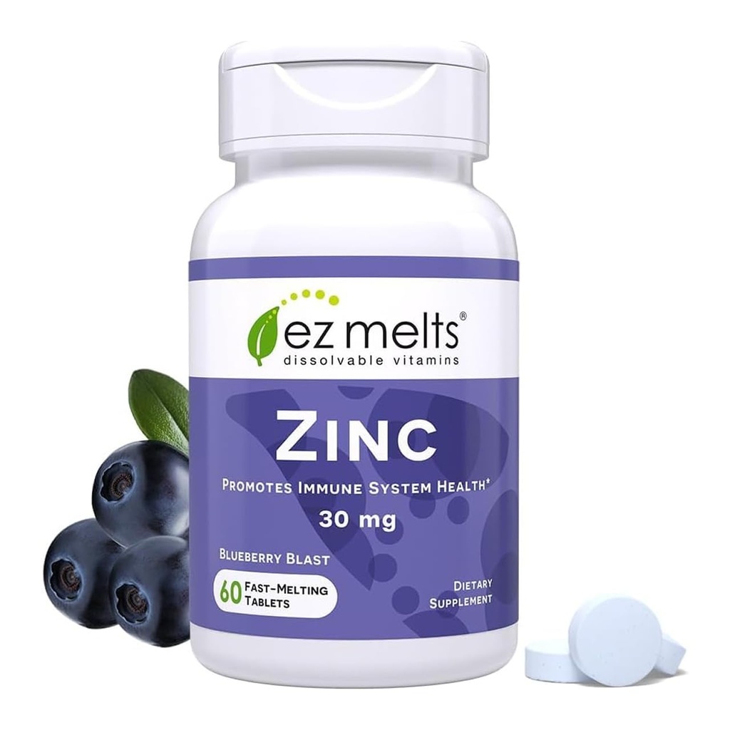EZ Melts Zinc - Supliment pentru Immune, Digestive & Skin Health Support - Non-GMO, Vegan & Gluten-Free - Blueberry Blast - 60 comprimate dissolvabile (60 Servings)