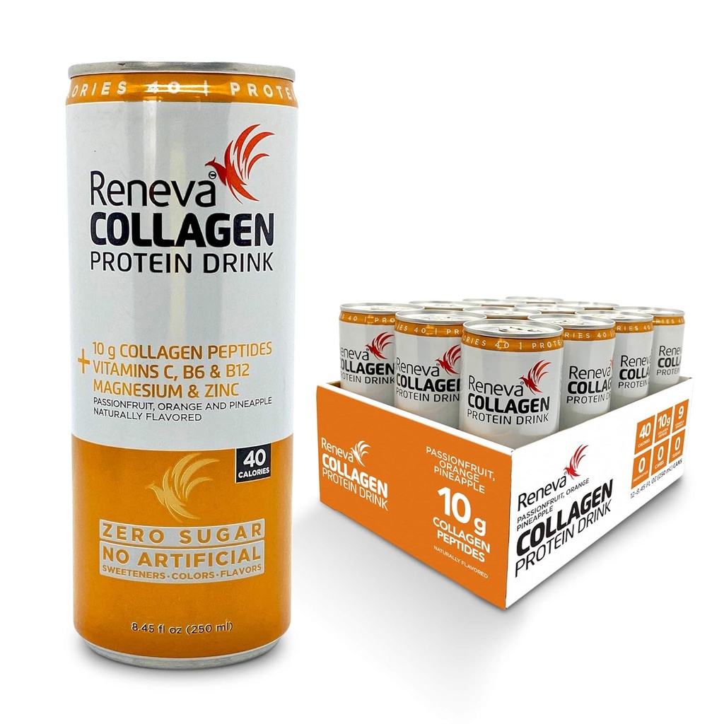Reneva Collagen Protein Drink - 10g Collagen Peptides, Electrolytes, B-Vitamins, Zinc, and Zero Sugar (Passionfruit Orange Pineapple)