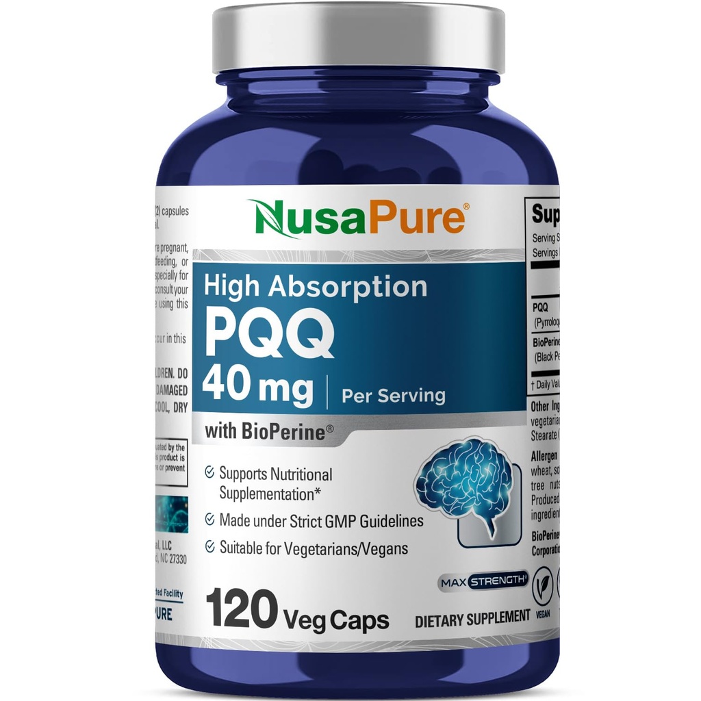 NusaPure PQQ Supliment 40 mg, 120 Veggie Capsule, Non-GMO, Pyrrolochinolină Chinonă Sare disodică, Bioperină