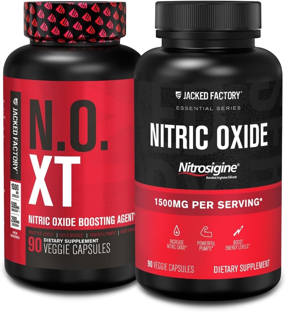 Fabrica Jacked N.O. XT Oxid de azot Supliment (90 capsule) & Nitrosigină L-Arginină Oxid de azot (90 capsule) pentru creștere musculară, pompe, vascularitate și energie