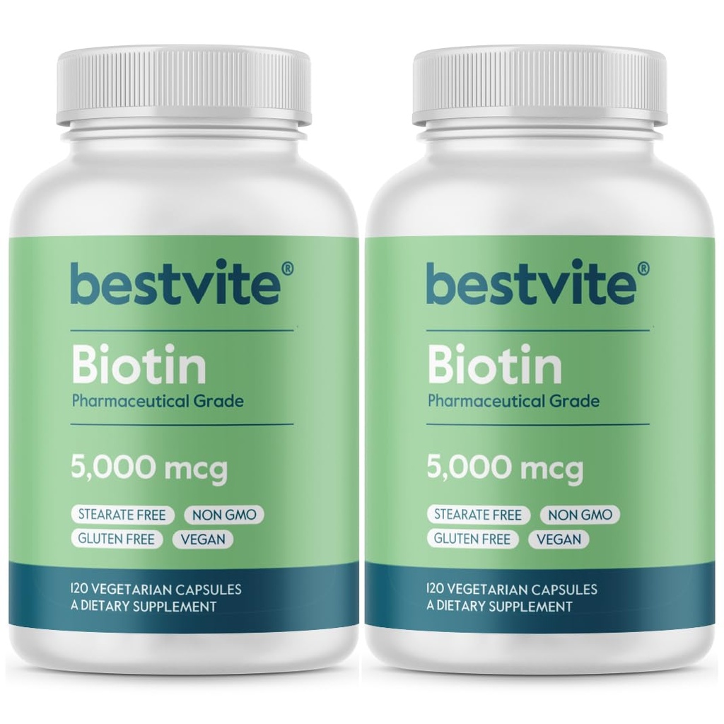 BESTVITE Biotin 5000mcg (240 Capsule vegetariene) (120 x 2) - Fără Stearet - Fără agenți de flux - Vegan - Non OMG - Gluten Free - Păr, Piele, Nails