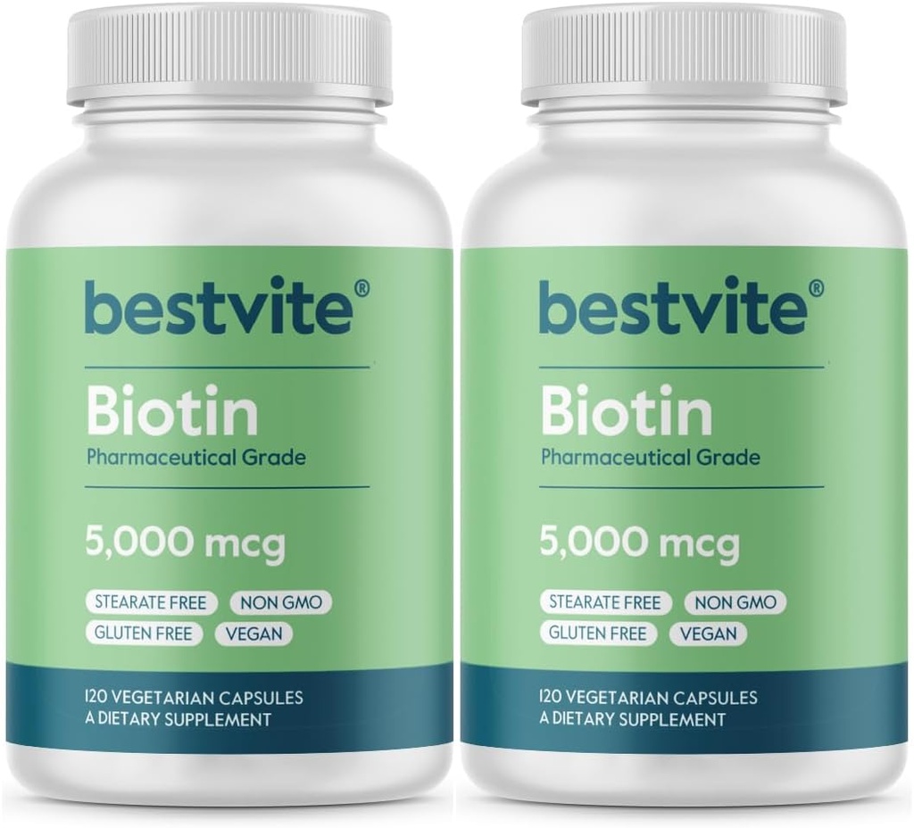 BESTVITE Biotin 5000mcg (240 Capsule vegetariene) (120 x 2) - Fără Stearet - Fără agenți de flux - Vegan - Non OMG - Gluten Free - Păr, Piele, Nails