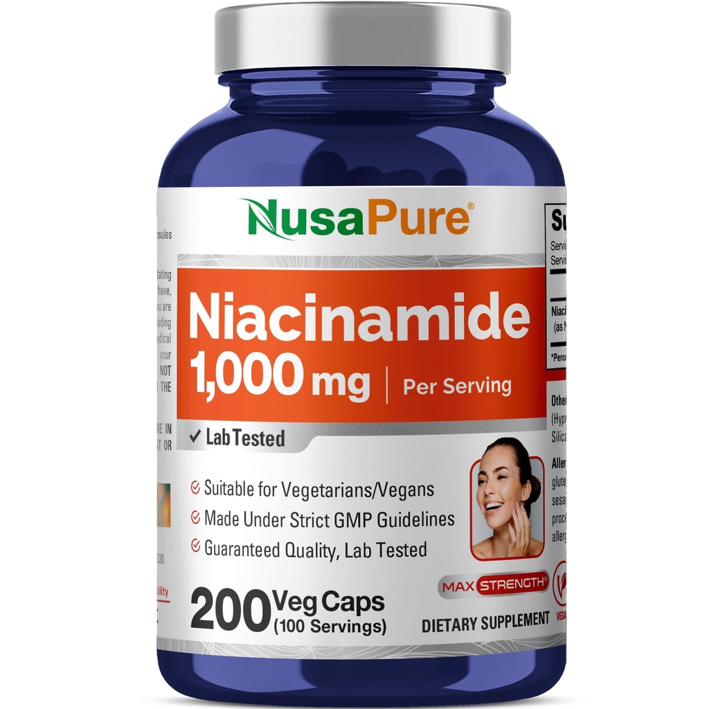 NusaPure Niacinamidă 1000mg 200 Capsule vegetale (non-GMO, Vegan)