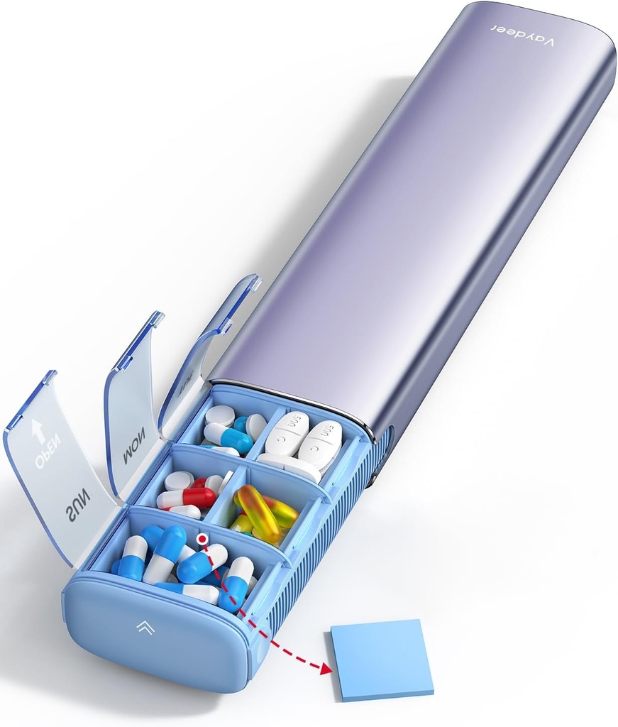 Vaydeer 7 Day Weekly Pill Organizator (Suport 2 Times a Day), Metal Travel Pill Case, Capacitate mare Zilnic Drăguț Cutie de pastile pentru suplimente, pastile, vitamine și medicamente (Purple), 8.3*2.1*1.2 Inch