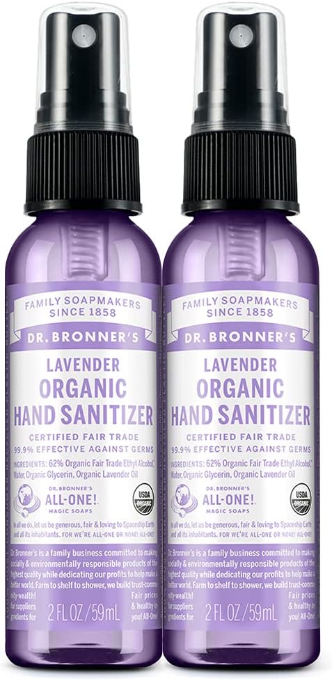 Spray de sanizator de mana organica Dr. Bronner (Lavanda, 2 Ounce, 2-Pack) - Formula simpla si eficienta, Curatati si sanitizeaza, Nu chimicale dure, Moisturizeaza si curata mainile