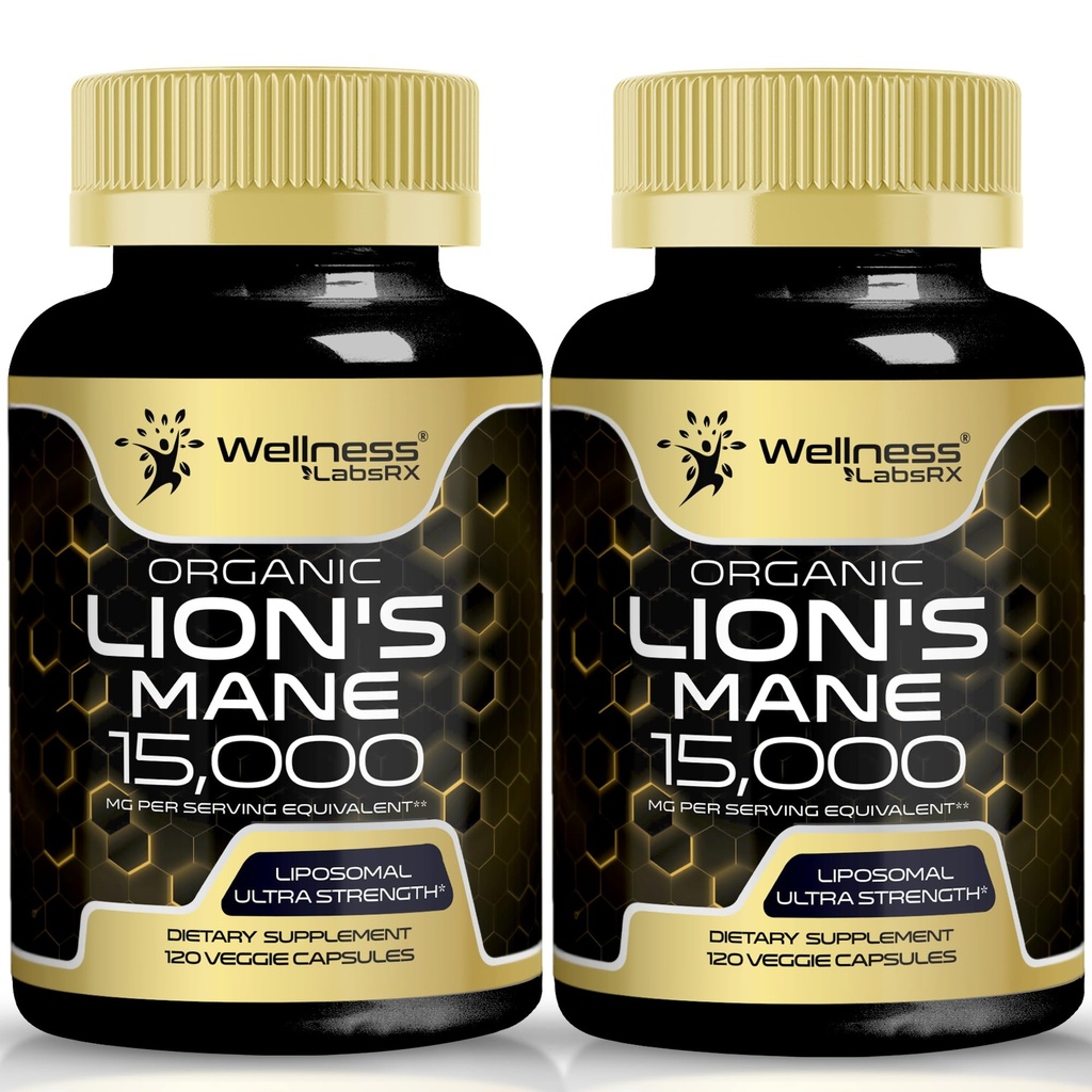 Lions Mane Supliment Capsule - 120 Conte - Supliment ciuperci, Suplimente pentru creier pentru memorie și concentrare, Lion coamă capsule ciuperci - Suport cognitiv și imun, Focus Supliment - 2 ambalaj