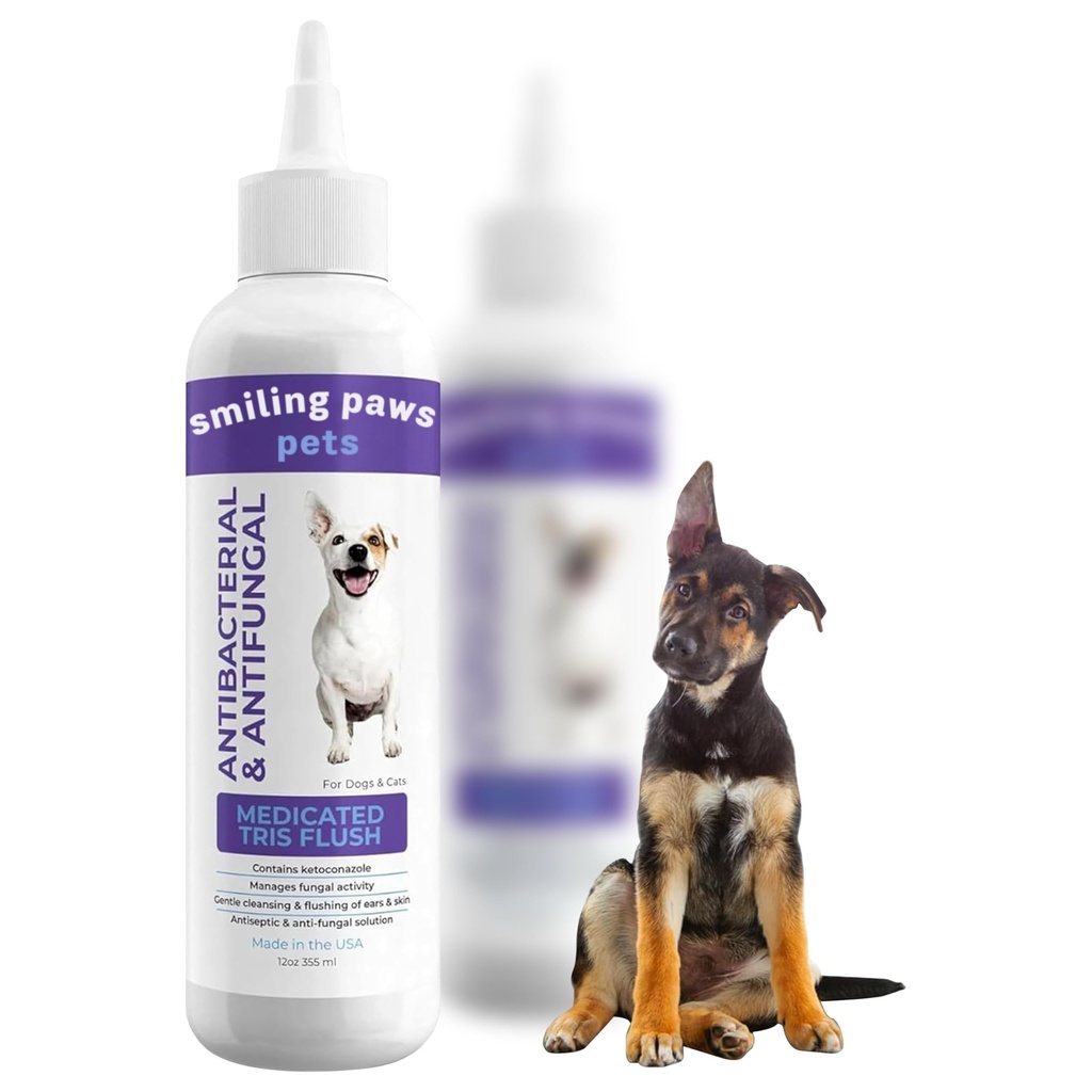 Zâmbet Paws Animale de companie medicamentate Tris Flush Dog Cleaner Soluţie şi tratament infecţie pentru câini şi pisici Culoare ureche pentru câini Cleaner pentru câini & pisici - Cat & Dog Spalatul urechii conţine Ketoconazol 12 oz