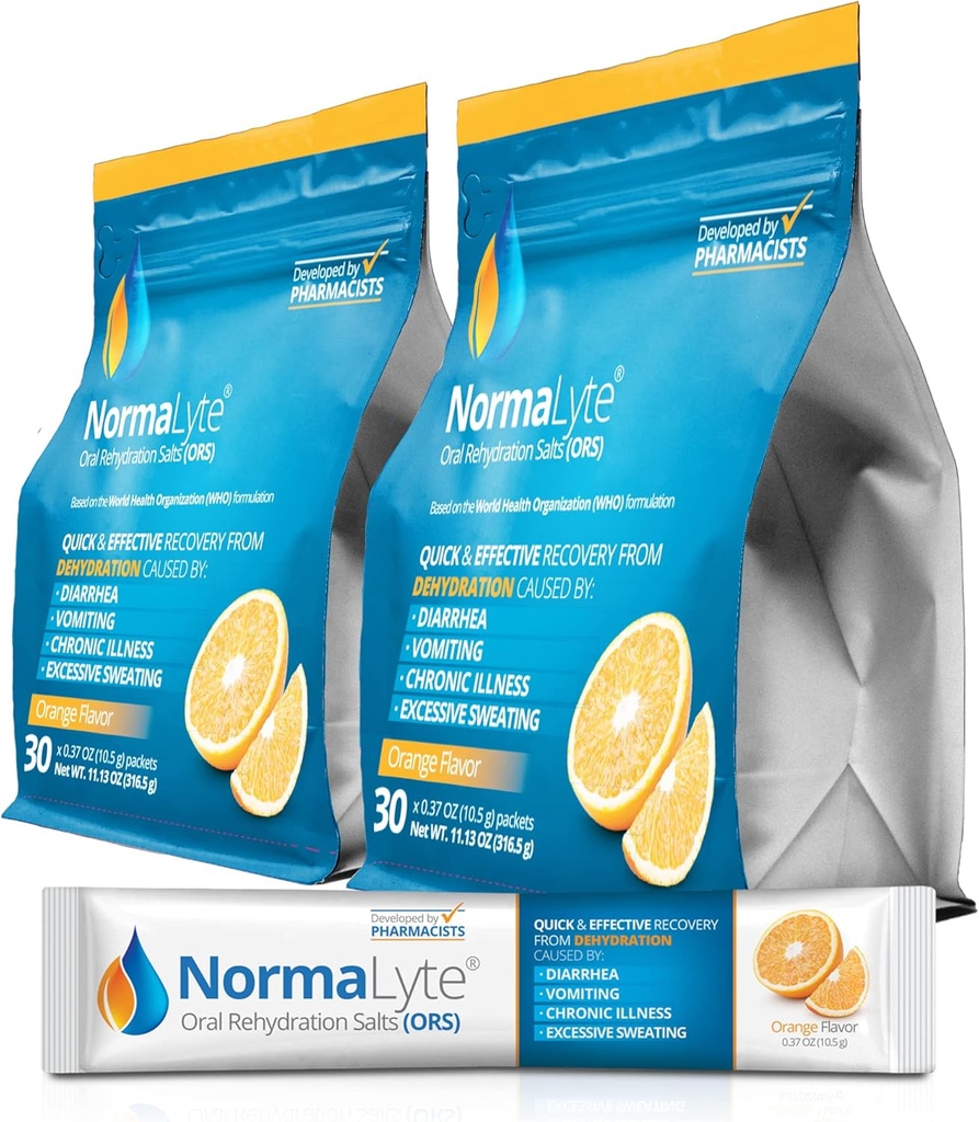 NormaLyte Sare de rehidratare orală-2 Pungi - 60 Sticks (Câștigă 500ml per ambalaj)-Orange