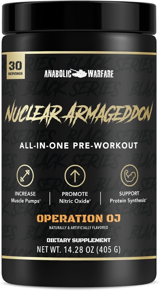 Anabolic Warfare Nuclear Armageddon Pre Workout pulbere Pre-Garning pentru bărbați și femei cu L-Citrulline, Beta Alanine Powder și Cafeina (Orange Juice - 30 Serviri)