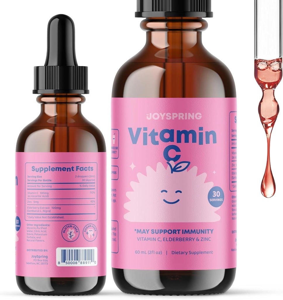 JoySpring Vitamina C + Elderberry picături + Zinc pentru copii de sprijin imun, picaturi geniu pentru focus, și vitamina D pentru copii