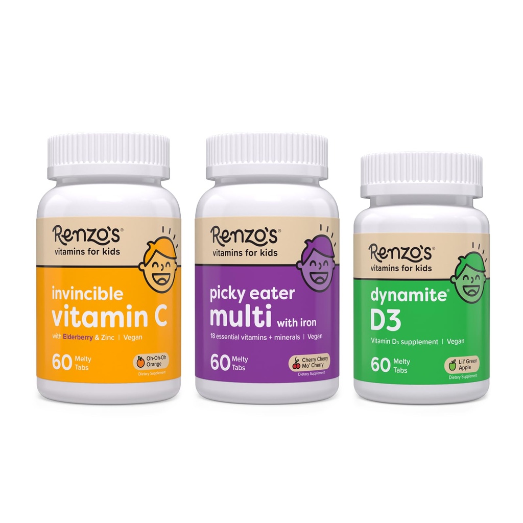 Renzo's Vitamine Imunity Builder Bundle - Vitamina C cu Elderberry & Zinc pentru suport imun, Picky Eater Copii Multivitamine, și vitamina D3