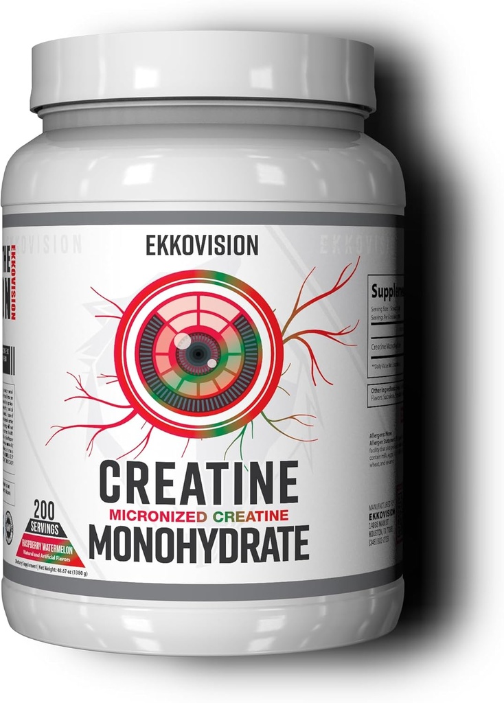 Ekkovision Creatin monohidrat pulbere, Micronited, Pepene verde de zmeură, Pre & Post Antrenament Supliment pentru bărbați și femei, Suport energetic, Ușor de amestecat în Shake-uri, Smoothies & băuturi, 200 Serviri
