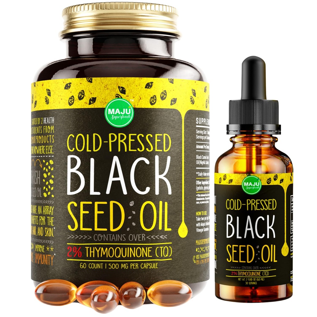 Maju Superfoods Black Seed Oil 2 oz și Black Seed Oil Capsule Bundle