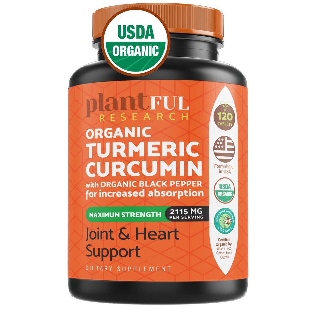 Supliment Turmeric organic cu Pepper negru mai mare potenta USDA certificat [Non-GMO Curcumin organic 2115mg] Suport antioxidant comun și imunitar 120 comprimate