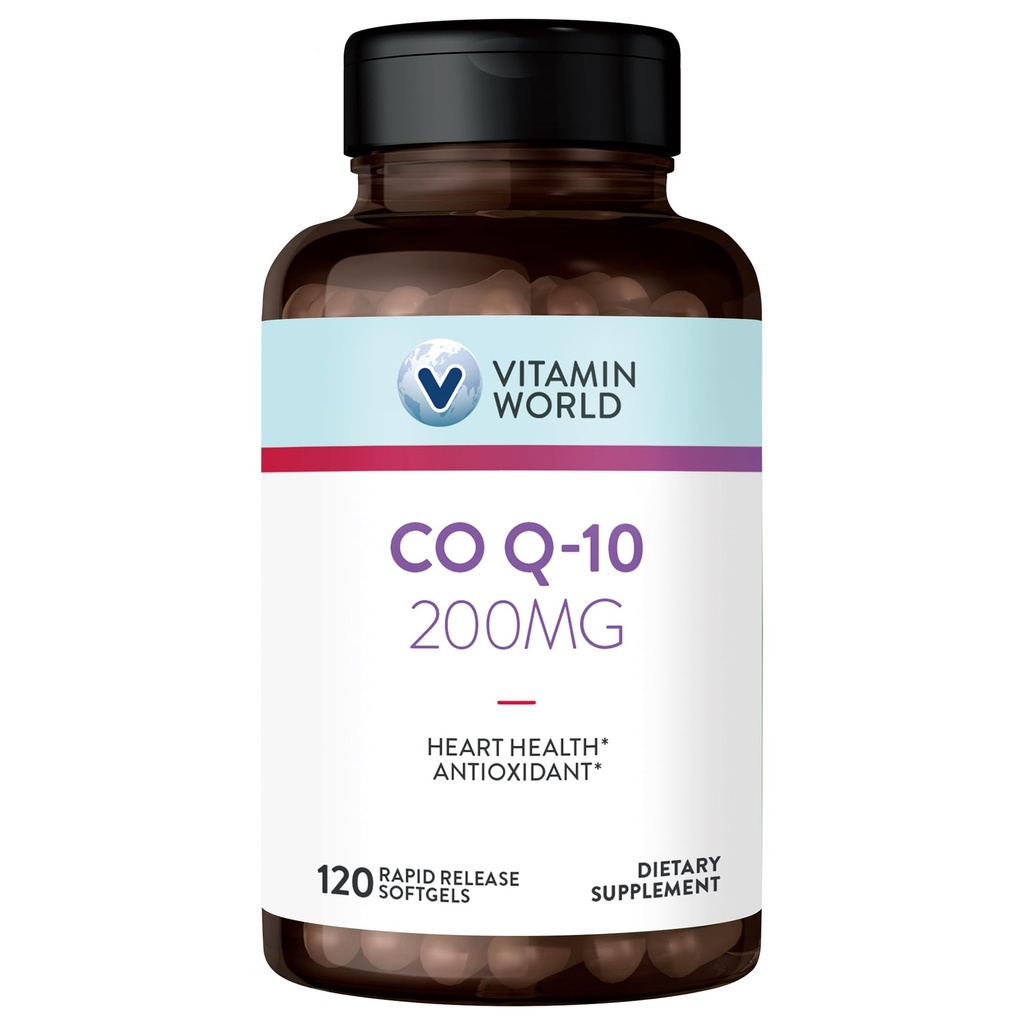 Vitamin World CoQ10 200 mg Softgels, Coenzima Q10 Suplimente pentru suport antioxidant, Heart Health & Energy Production, Gluten Free, 120 Rapid Release Softgels
