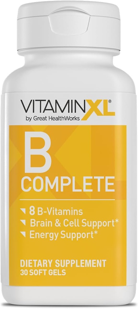 VitaminXL B Complete este un complex de spectru complet B realizat cu B1, B5, B6, B12, Biotin, Niacin, Riboflavină și Folat, de asemenea cu colină și inositol (30 Geluri moi, 30 Servings)