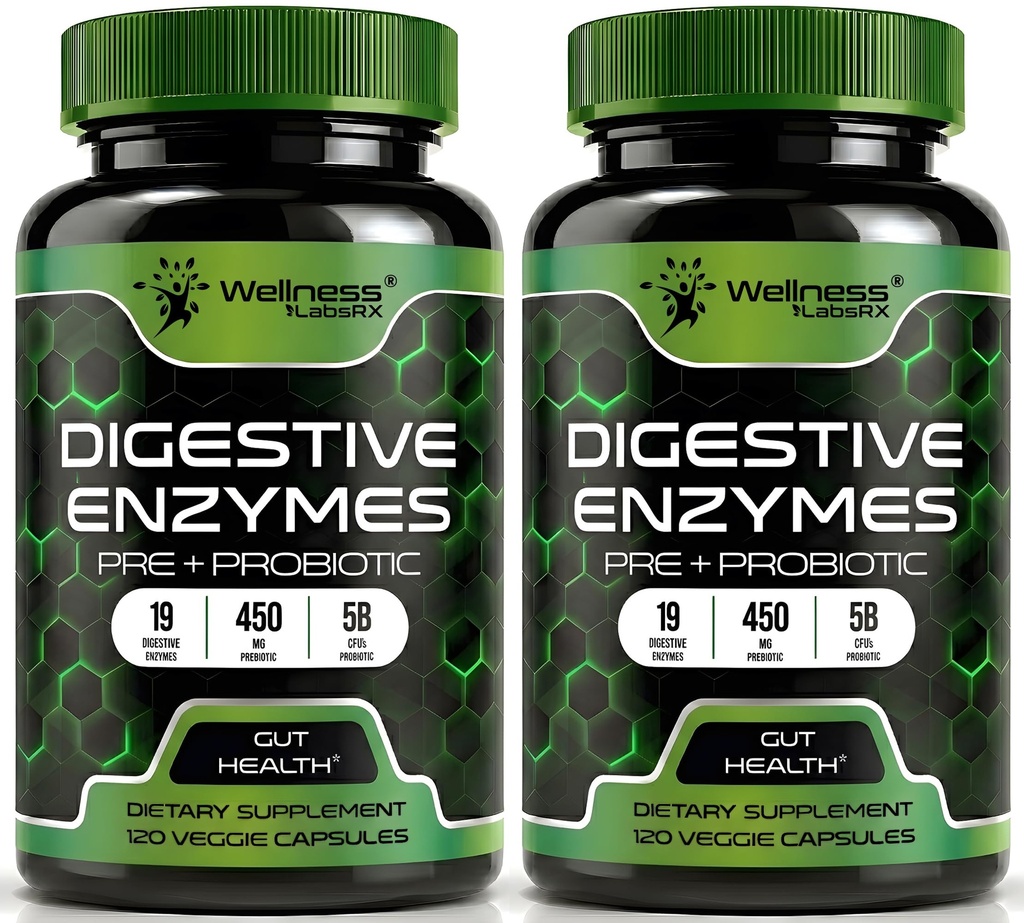 Enzime digestive cu probiotice și prebiotice, 450mg, 5 miliarde CFU - capsule pure Super Digestion - Enzime digestive pentru femei și bărbați de sprijin Digestion & Gut Health - 120 Conte (Pachet de 2)