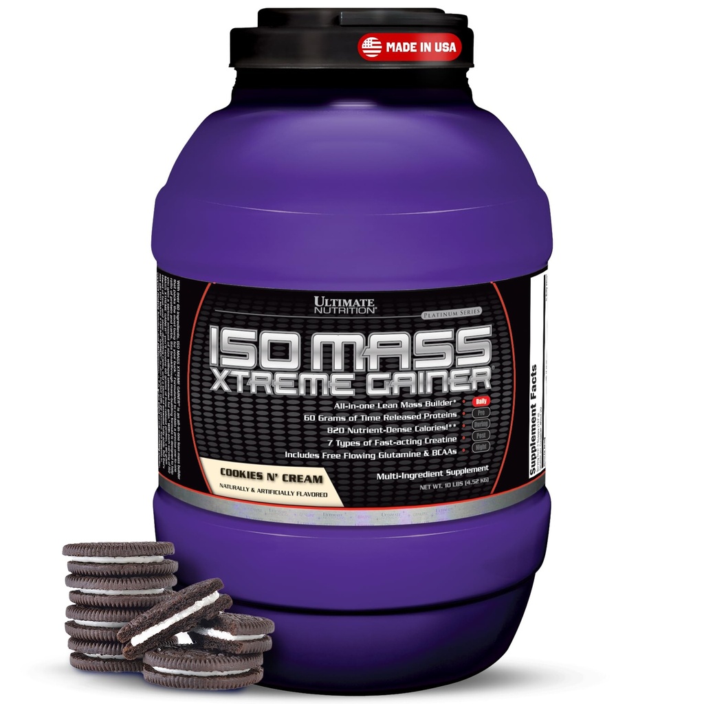 Ultimate Nutrition ISO Mass Xtreme Gainer - High-Calorie Mass Gainer cu Creatin & Whey Izolat Pulbere de proteine pentru câştig în greutate, Lean Mass musculare, Suplimentul vrac - Cookie-uri N Cream, 10lbs