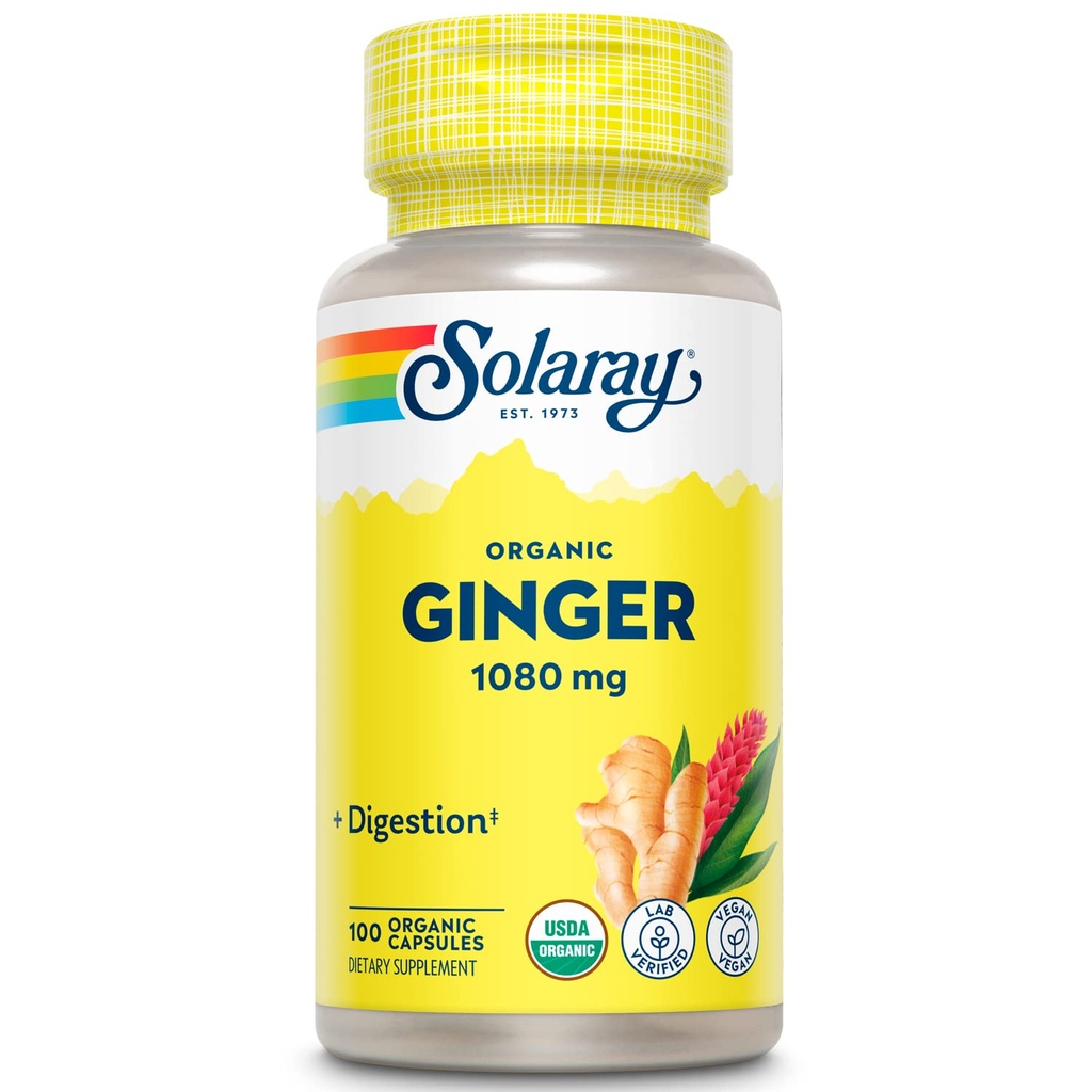 SOLARAY Organic Ginger 1080 mg - Suplimente organice de ghimbir - Relieves Greață și Vărsături asociate cu moțiune boală, susține sănătatea comună - Vegan, non Drowsy, 60-Day Guarantee, 50 Serviri