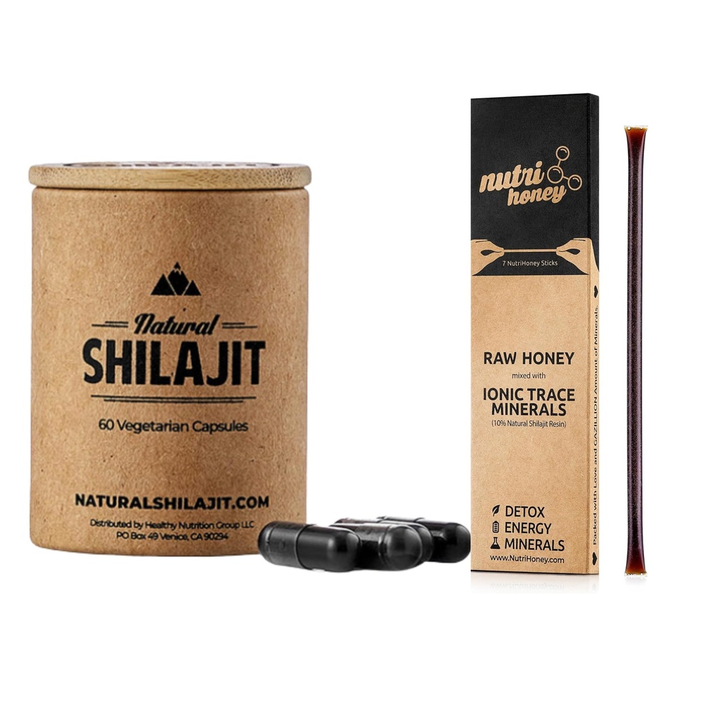Capsule naturale Shilajit (1-2 luni de aprovizionare) - 60 Count & Shilajit Honey Sticks - Silajit Resin natural amestecat cu miere crudă (7 stick-uri)