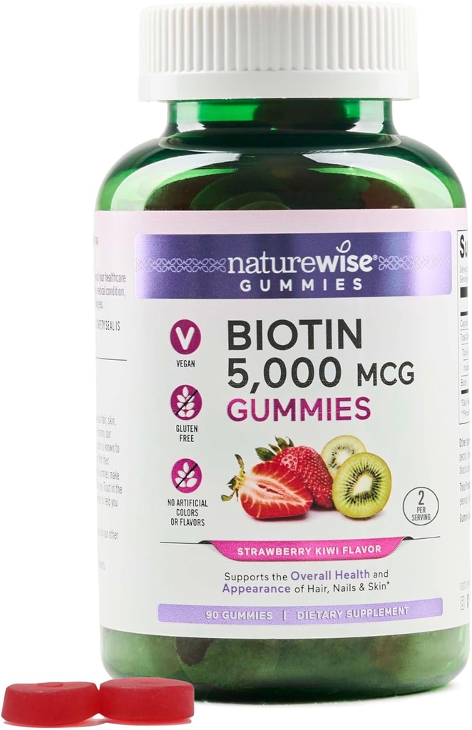 NatureWise Biotin Gummies - Sustine parul sanatos, piele si unghii puternice - Vitamina B7 5000mcg - Frumusetea naturala - aroma de capsuni-Kiwi - Vegan, non-GMO, gluten gratuit - 90 Conte[45 zi de aprovizionare]