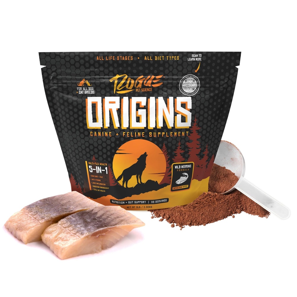 ROGUE PET SCIENCE Origins 5-in-1 caine Supliment - Pudră de alimente Topper w/Natural Omega 3 ulei de pește - Sprijină Digestie sanatoasa, piele, și haina - ajută la reducerea mâncărimi și inflamație articulară (2 lbs)