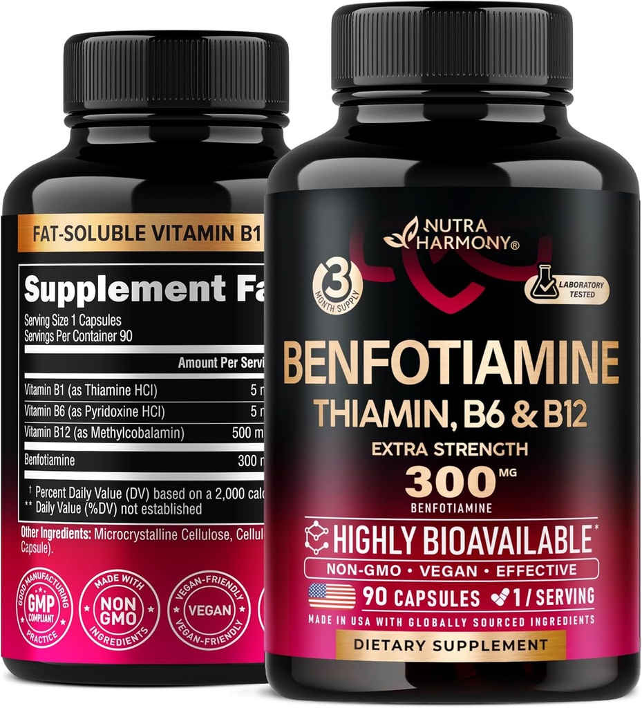Benfotiamină 300 mg - Suport pentru nervi, Suport pentru energie și metabolism - Suplimentul pentru benfotiamină Vitamina B1 grasă Soluble - foarte biodisponibilă și absorbabilă - cu tiamină, vitamina B12 și B6 - 90 capsule