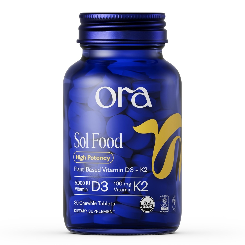 Ora Organic Vitamina D3 5000UI + K2 - Vegan Vitamina D de la Lichen și K2 de la Chickpeas pentru sănătatea oaselor, Immune Support, & Mood, Absorbție maximă - 1 lună de aprovizionare, 30 comprimate masticabile