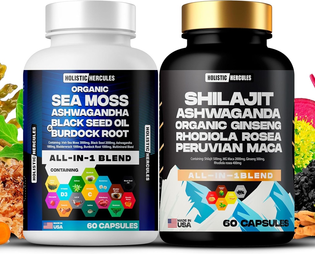 Holistic Hercules Classic Combo Bundle - Sea Moss 3000mg, Black Seed 2000mg, Ashwagandha 1000mg, Shilaj 5000mg, Panax Ginseng 1500mg, Peruvian Maca 2000mg, Toate în 1 Suplimente Pack