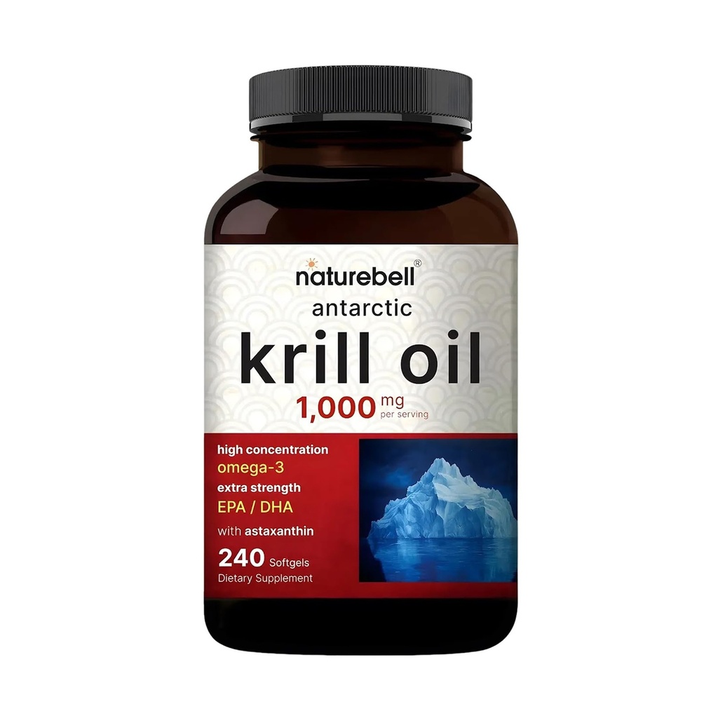 NatureBell Antarctic Krill Oil 1000mg - 240 Softgels - Omega-3 Heart, Joint & Immune Health Support* - High EPA DHA with Astaxanthin - Non-GMO & Gluten-Free