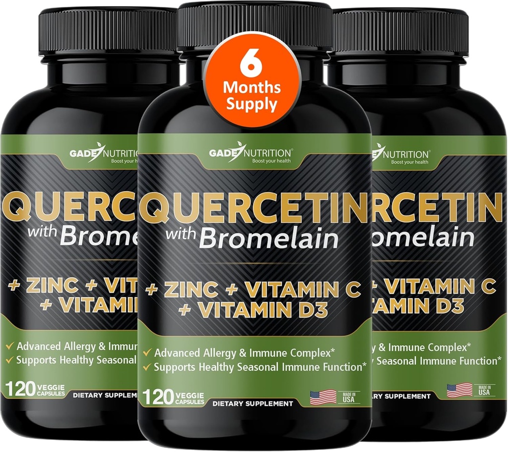 Gade Nutrition Querbetin cu vitamina C și zinc - Quercetin 500 mg - Querbetin cu Bromelain - Zinc Querbetin - Querbetin Suplimente + vitamina D3 (Non-GMO, Gluten-Free, Vegan) - 6 luni de aprovizionare