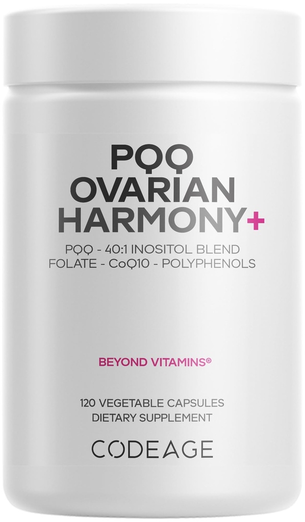 Codeage PQQ Armonie ovariană+ Supliment - PQQ (Pyrrolochinolină Quinone), Myo-Inositol & D-Chiro-Inositol 40:1 Amestec, Folate 5-MTHF, CoQ10, afine sălbatice - Livrare lipozomală - Non-GMO - 120 capsule