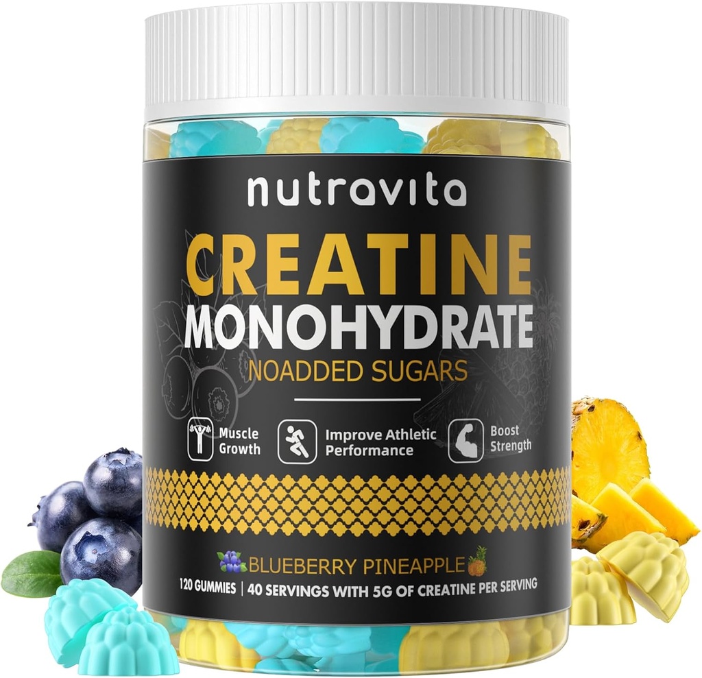 Nutravita Creatina Monohidrat Gume pentru barbati si femei 5g de Creatin Monohidrat per Servire - Zahar Free,Vegan,Blueberry Ananas Flavor, 120 Conte