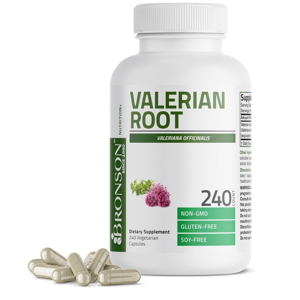 Capsulele Root Valerian Bronson - Oficinalis Valerian - Promovează relaxarea - non-GMO, fără gluten de soia, 240 capsule vegetariene